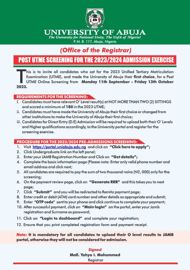 UNIABUJA RELEASES POSTUTME FORM FOR 2023/2024 SESSION